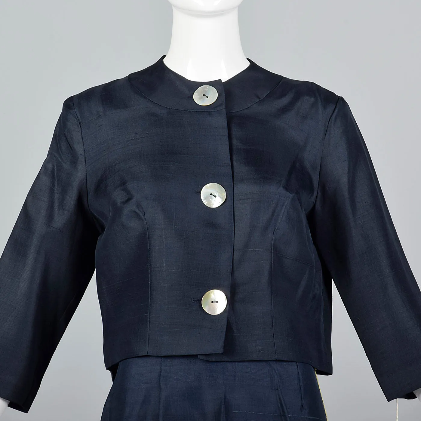 1960s Navy Blue Silk Skirt Suit with Mother of Pearl Buttons