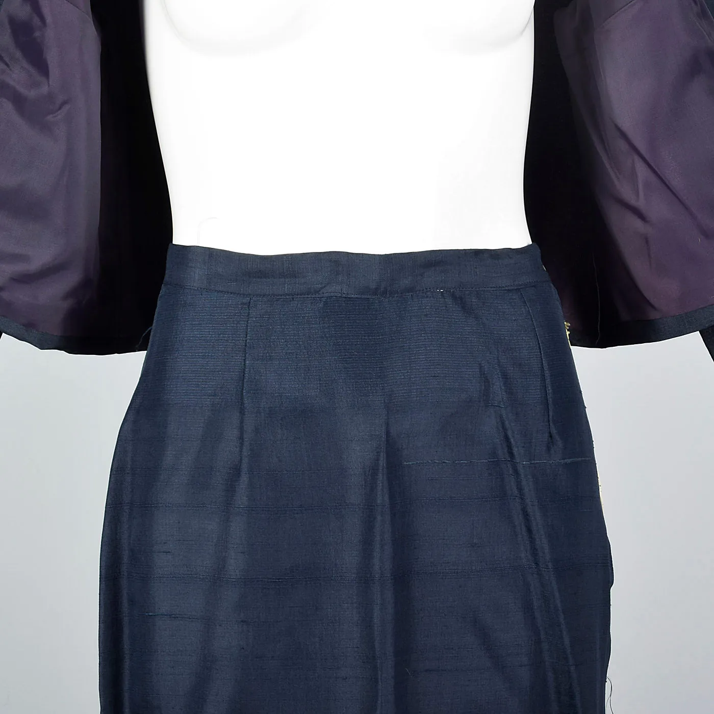 1960s Navy Blue Silk Skirt Suit with Mother of Pearl Buttons