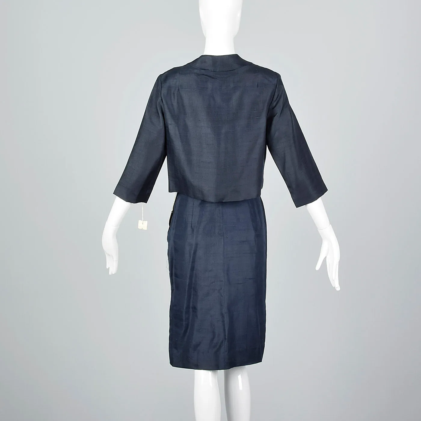 1960s Navy Blue Silk Skirt Suit with Mother of Pearl Buttons