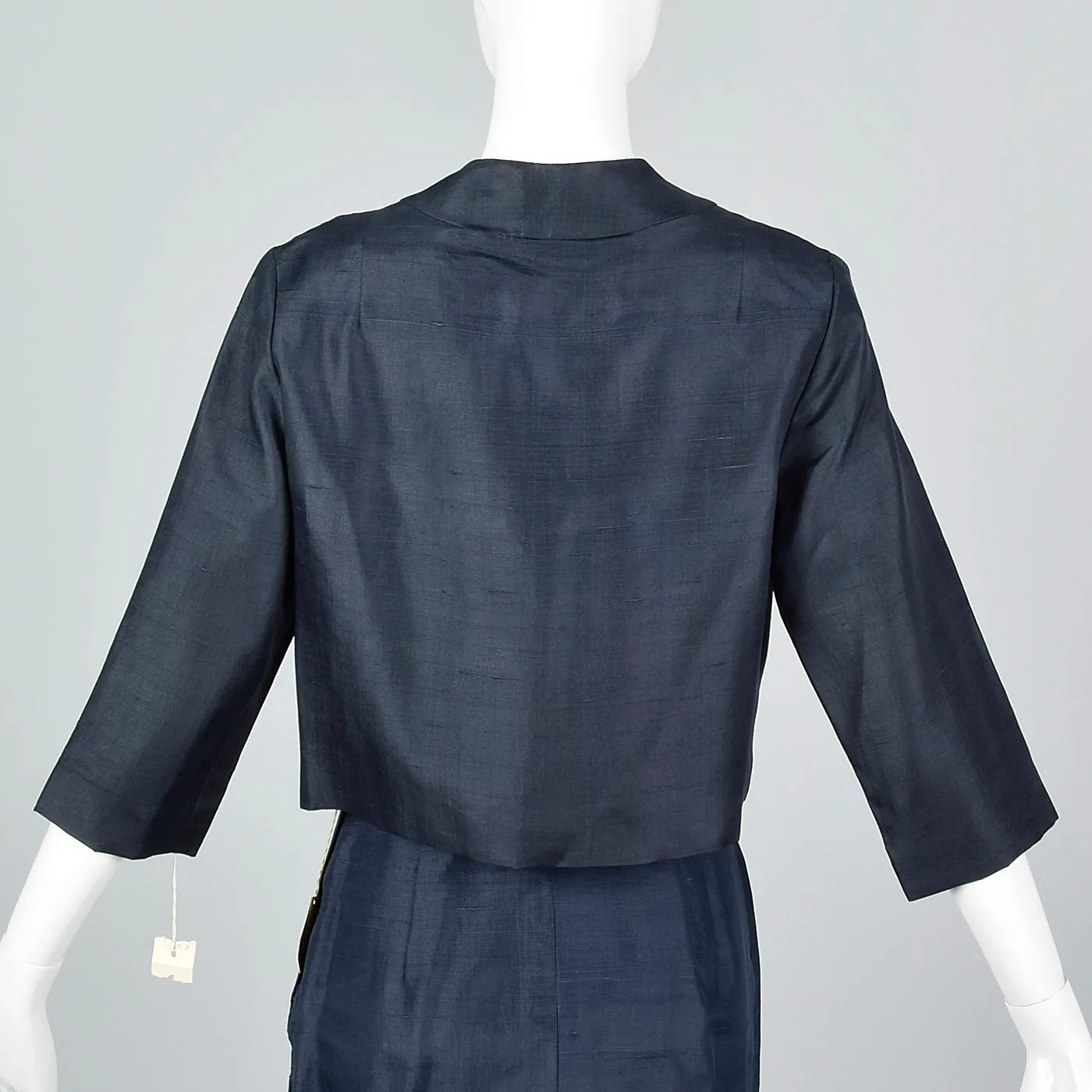 1960s Navy Blue Silk Skirt Suit with Mother of Pearl Buttons