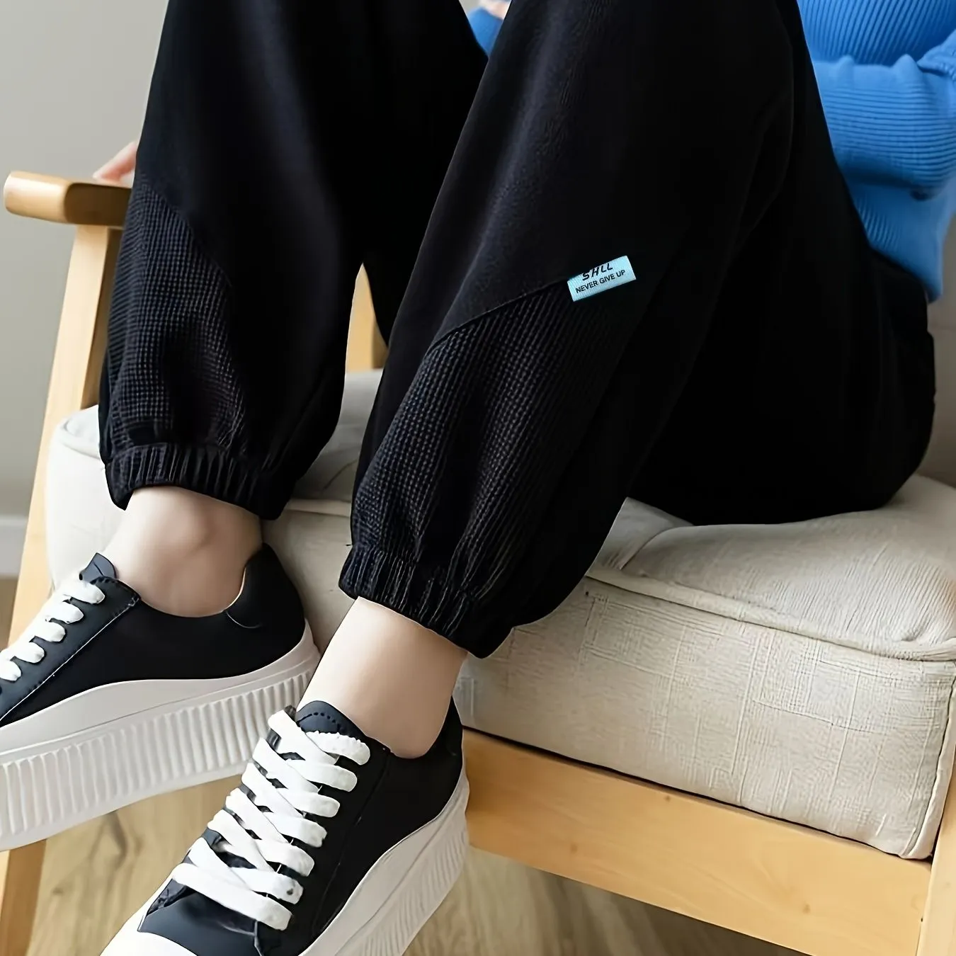 1pc Women'S Casual Polyester Jogger Pants, Elastic Waist with Drawstring, Solid Color Block Design, 3/4 Length, Loose Fit, Sports Sweatpants for All Seasons