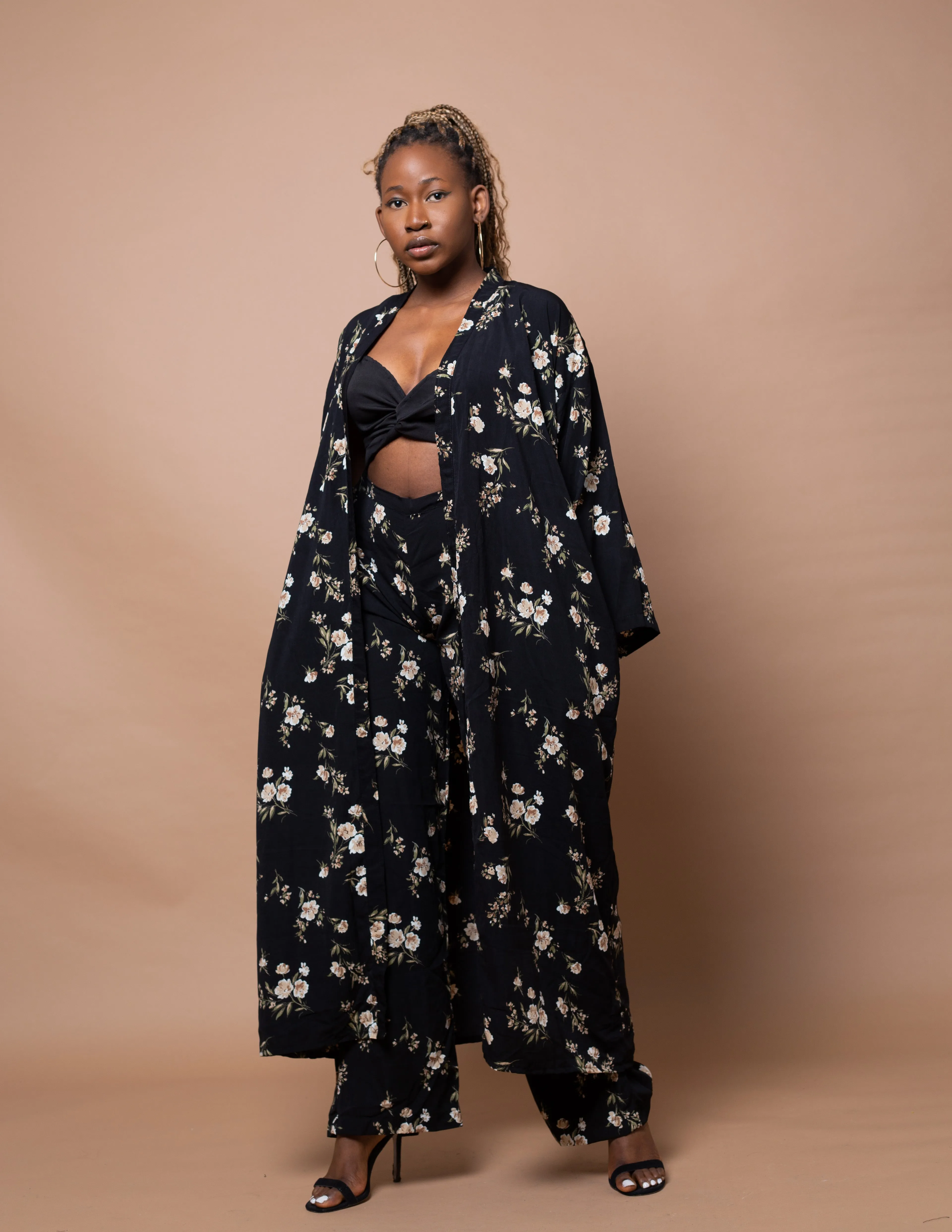 Akachi Long Kimono Jacket | Black Floral Print