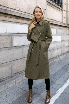 Asymmetrical double breasted long trench wool coat C4498
