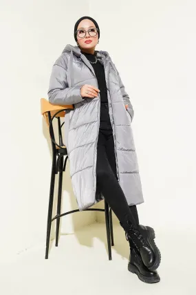 BGD Women T5120 Hooded Long Puffer Hijab Coat - Grey - Avondale