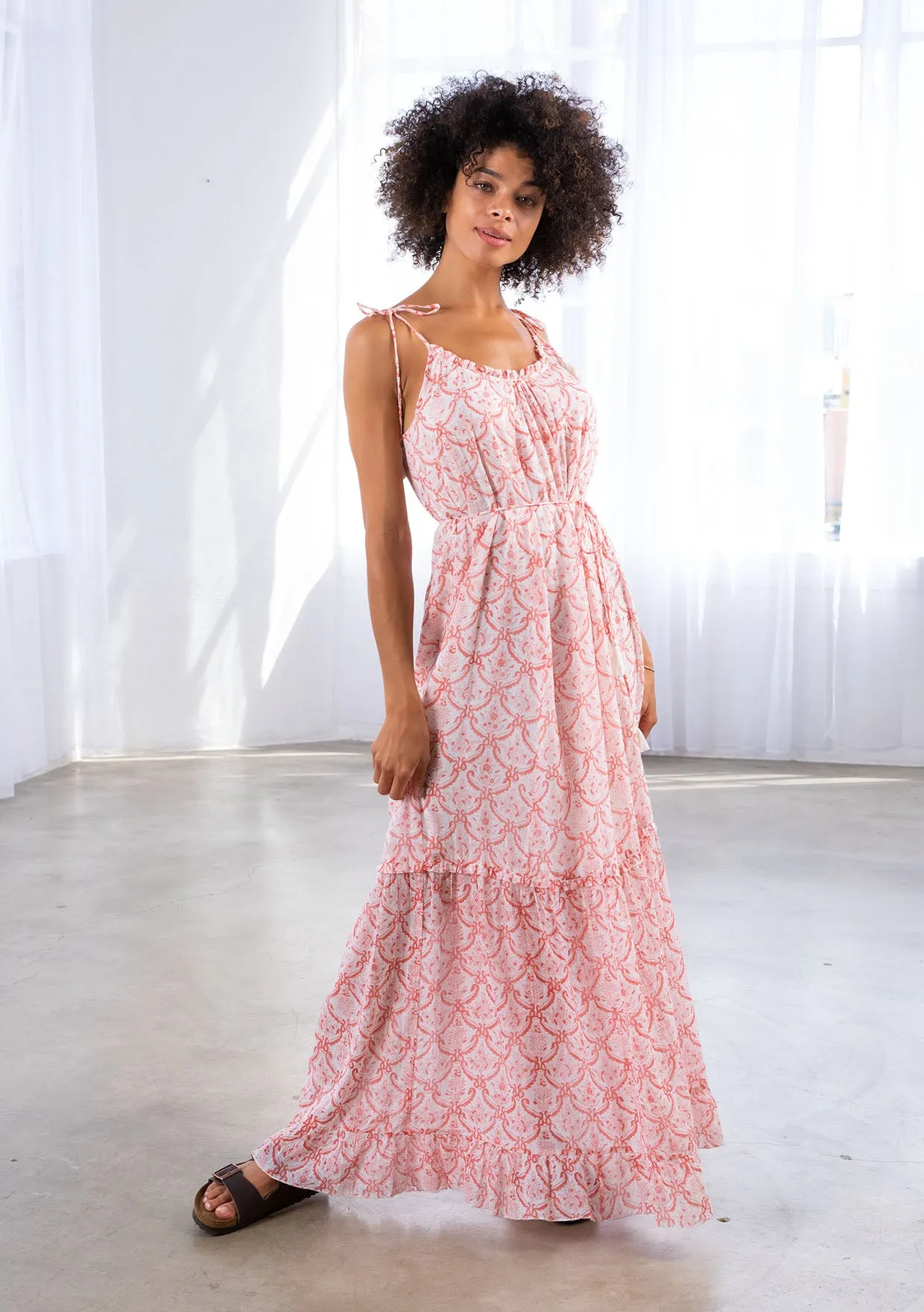Block Printed Tiered Sleeveless Maxi Dress
