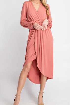 BUBBLE SLEEVE FAUX WRAP MIDI DRESS