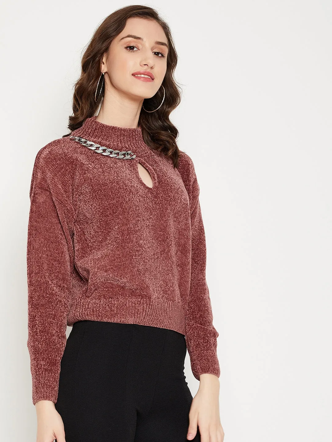 Camla Barcelona Keyhole Neck Rust Brown Chain Adorned Sweater