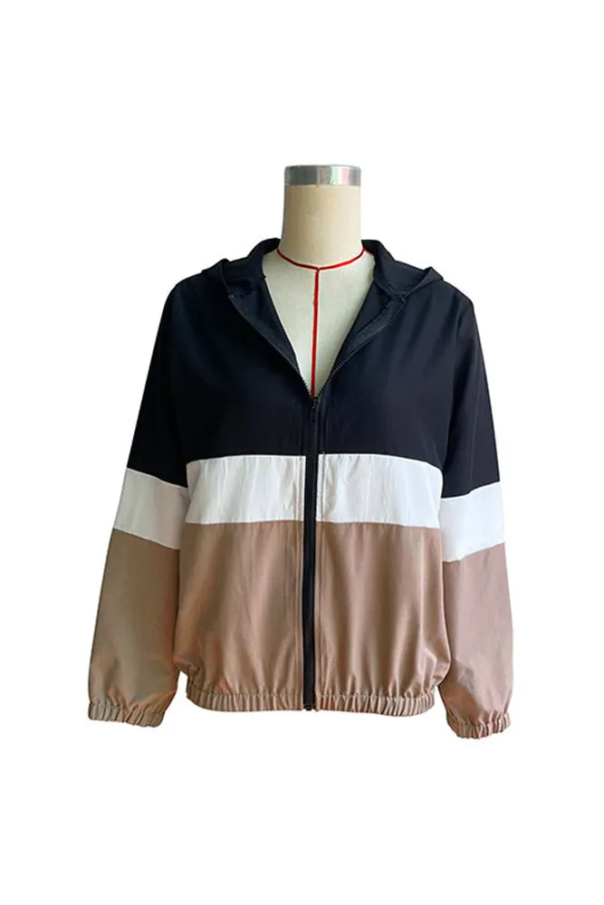 Color Block Open Zipper Drawstring Hem Winter Outfits Coat