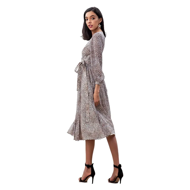 D265 Women leopard print chiffon long puff sleeves wrap design pleated midi dress