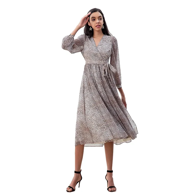 D265 Women leopard print chiffon long puff sleeves wrap design pleated midi dress