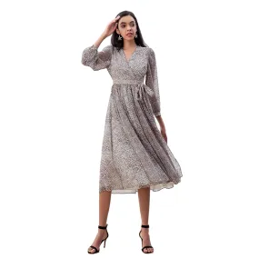 D265 Women leopard print chiffon long puff sleeves wrap design pleated midi dress