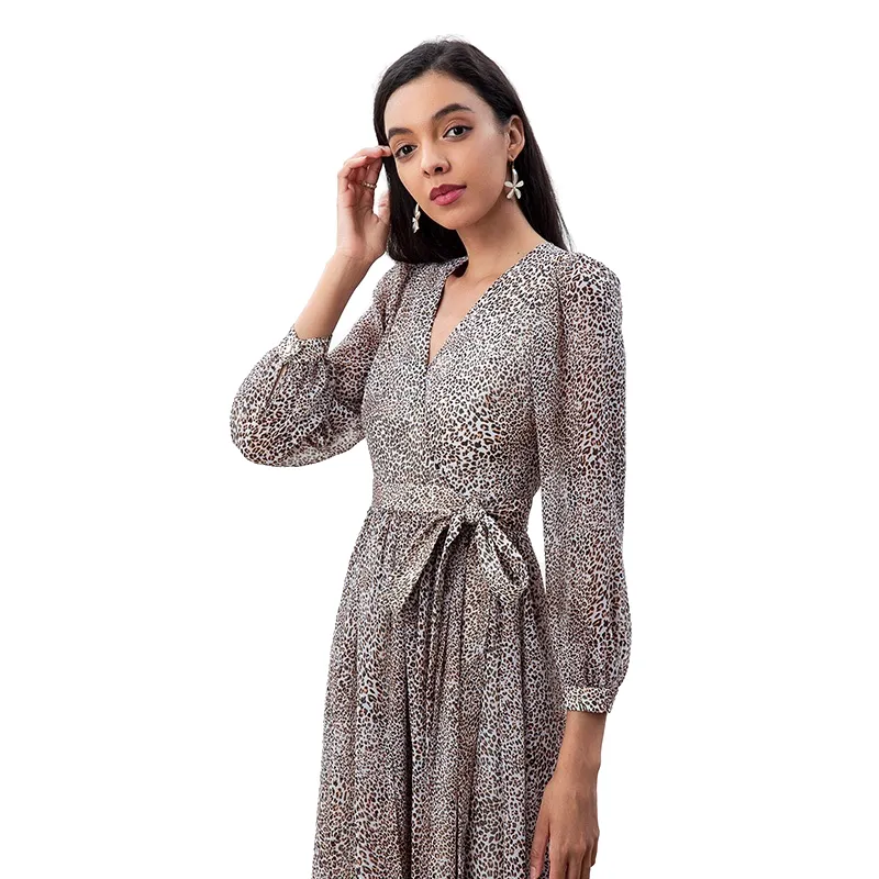 D265 Women leopard print chiffon long puff sleeves wrap design pleated midi dress