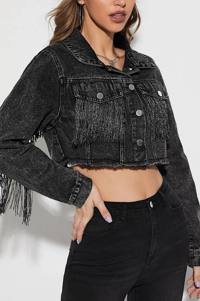 Distressed Short Denim Tassle Jacket Coat