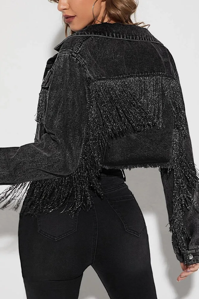 Distressed Short Denim Tassle Jacket Coat