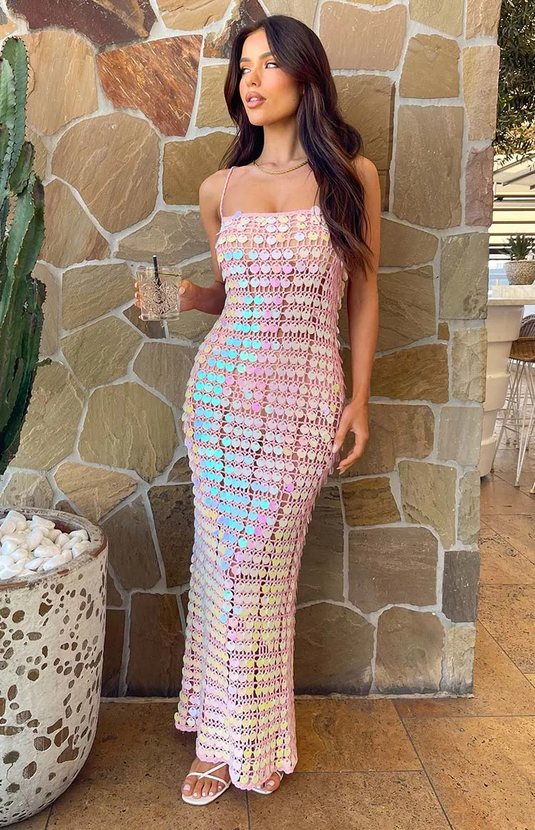 Glance Pink Sequin Strapless Maxi Dress