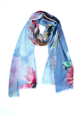 Isparta Floral Wool Scarf/Wrap - Blue