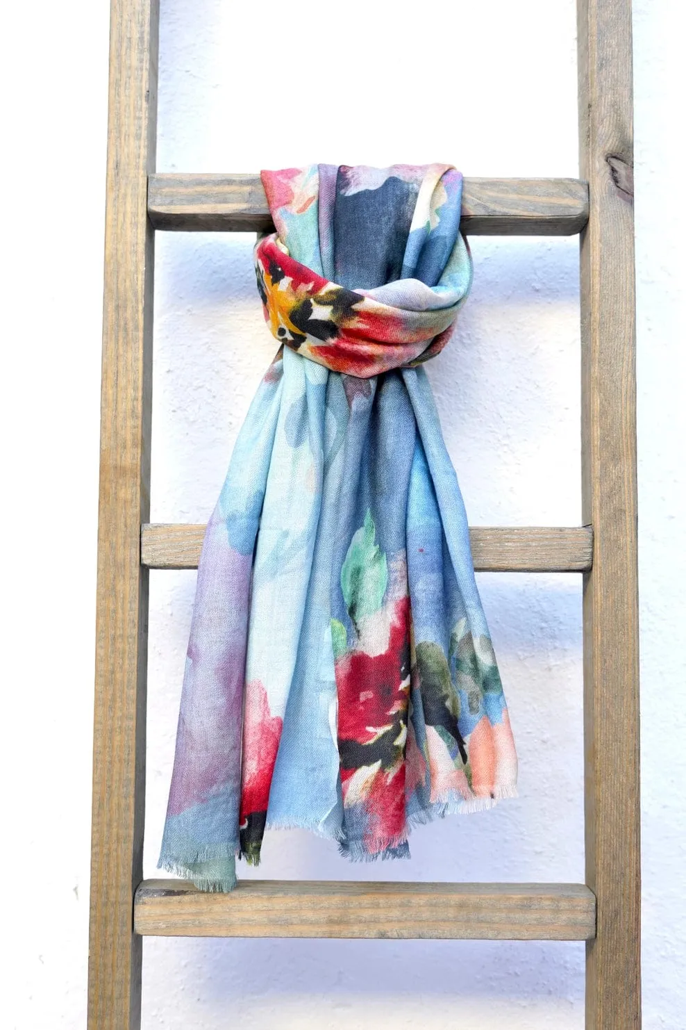Isparta Floral Wool Scarf/Wrap - Blue