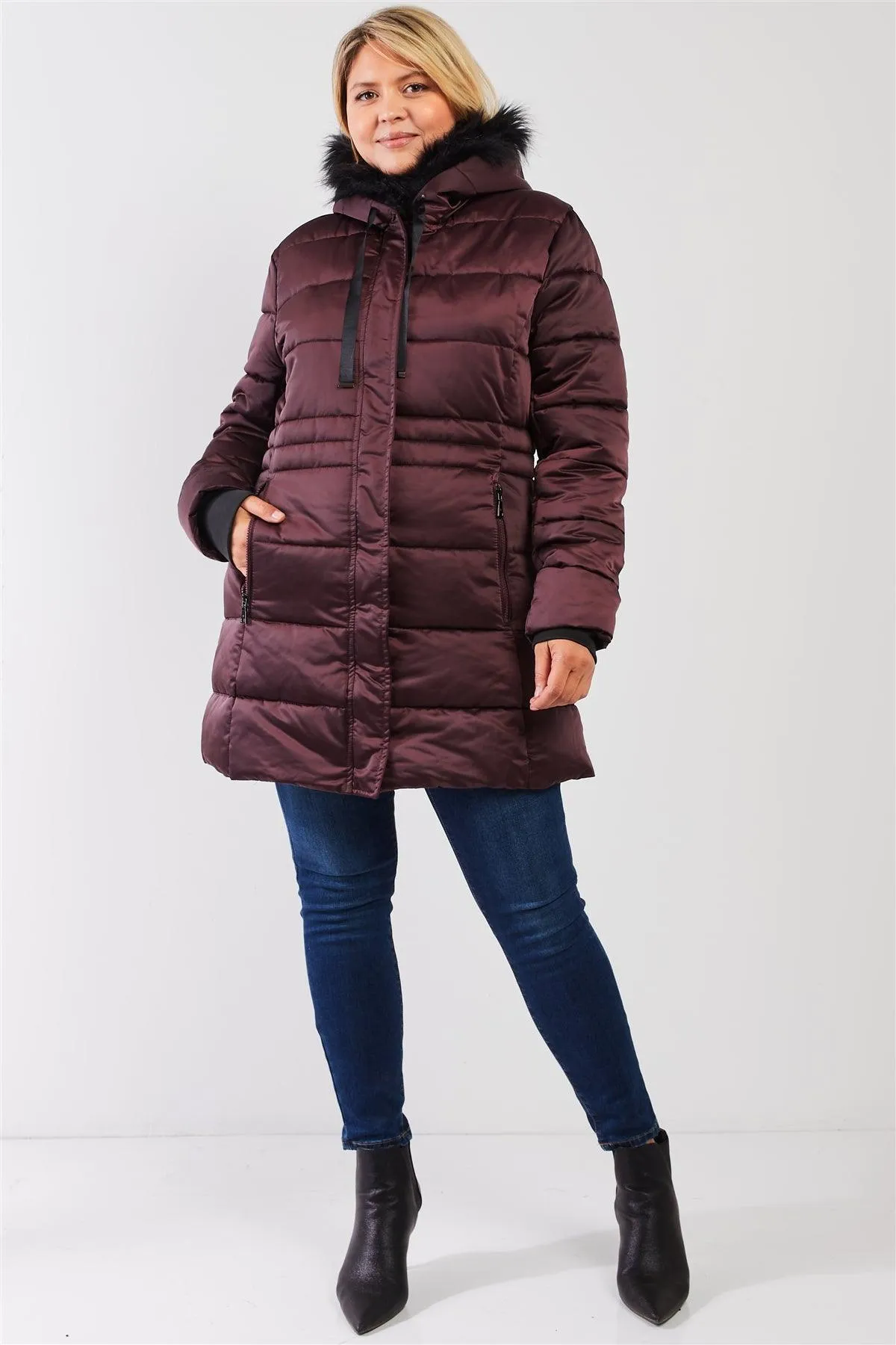 Junior Plus Wine Glossy Long Fitted Vegan Fur Hood Detail Winter Puffer Jacket /1-1-1-1