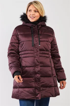 Junior Plus Wine Glossy Long Fitted Vegan Fur Hood Detail Winter Puffer Jacket /1-1-1-1