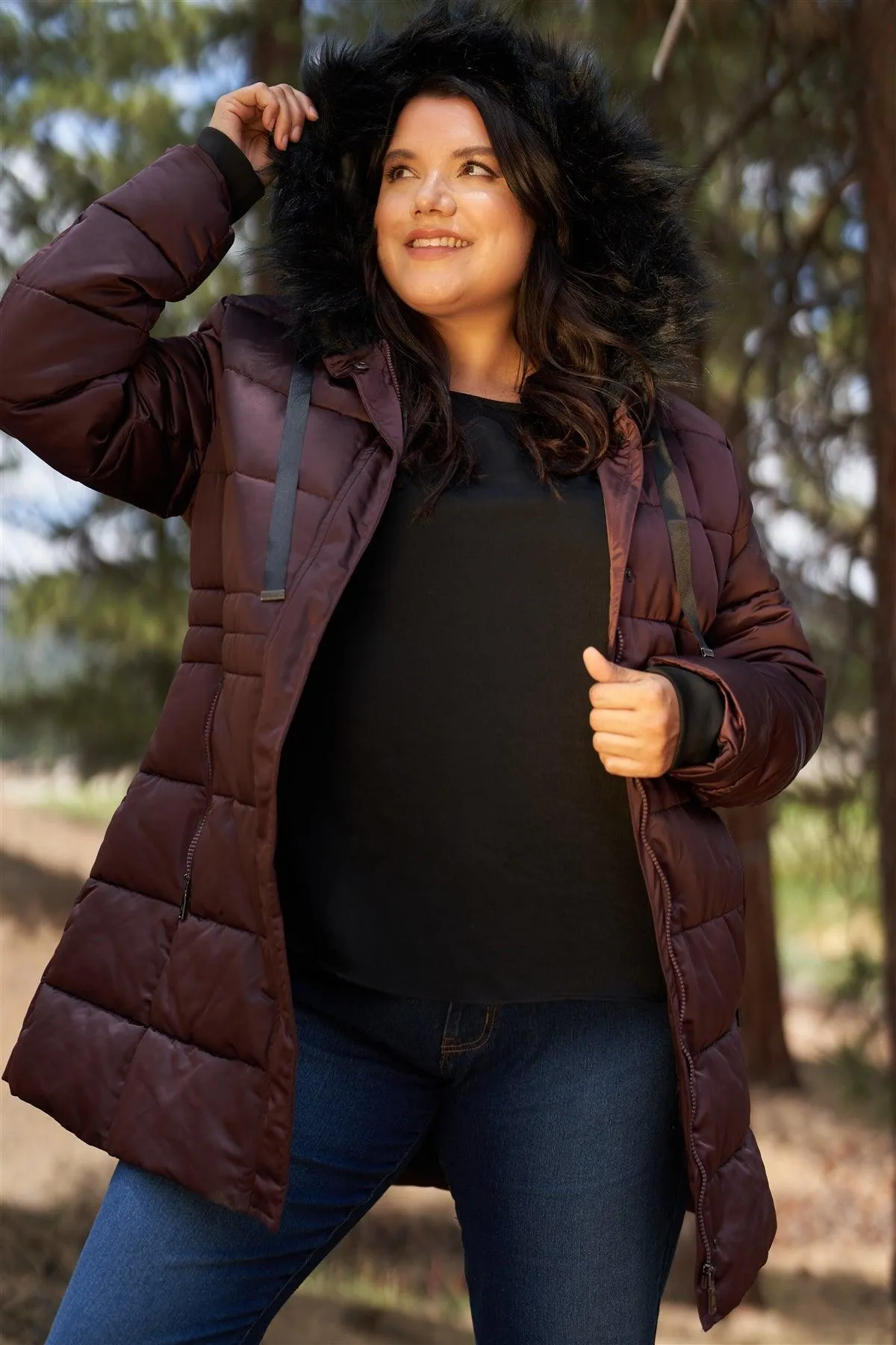 Junior Plus Wine Glossy Long Fitted Vegan Fur Hood Detail Winter Puffer Jacket /1-1-1-1