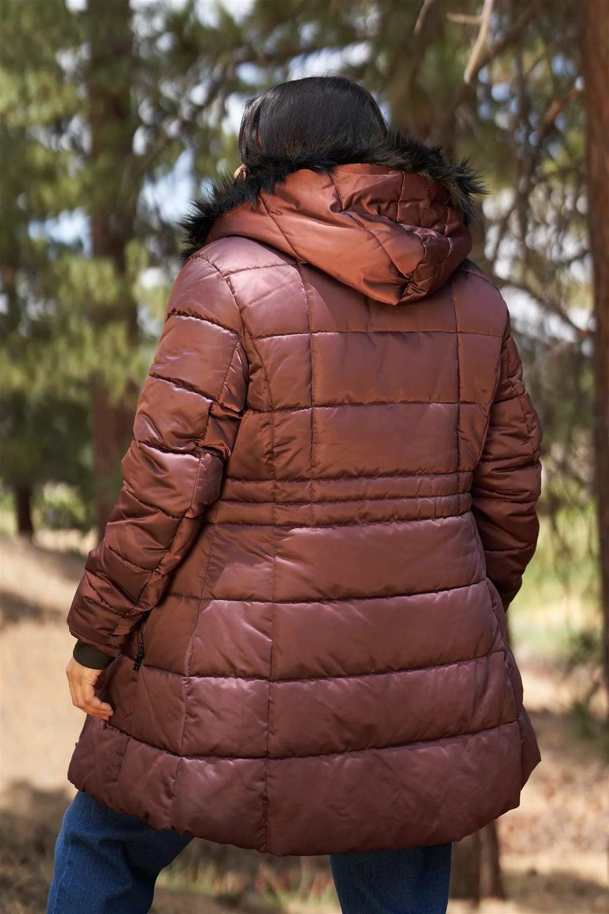 Junior Plus Wine Glossy Long Fitted Vegan Fur Hood Detail Winter Puffer Jacket /1-1-1-1