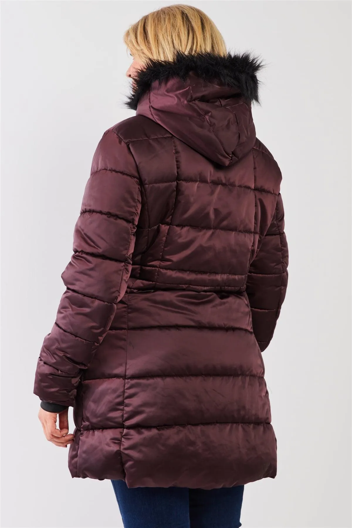 Junior Plus Wine Glossy Long Fitted Vegan Fur Hood Detail Winter Puffer Jacket /1-1-1-1