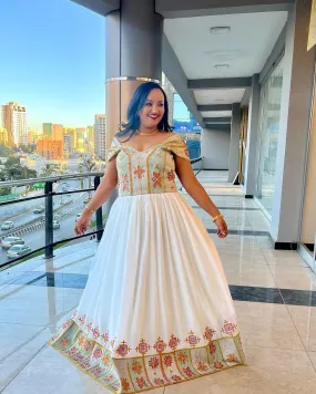 Magnificent Red Patterned Habesha Dress: Stylish Shoulder Off Ethiopian Traditional Dress Modern Habesha Wedding Dress