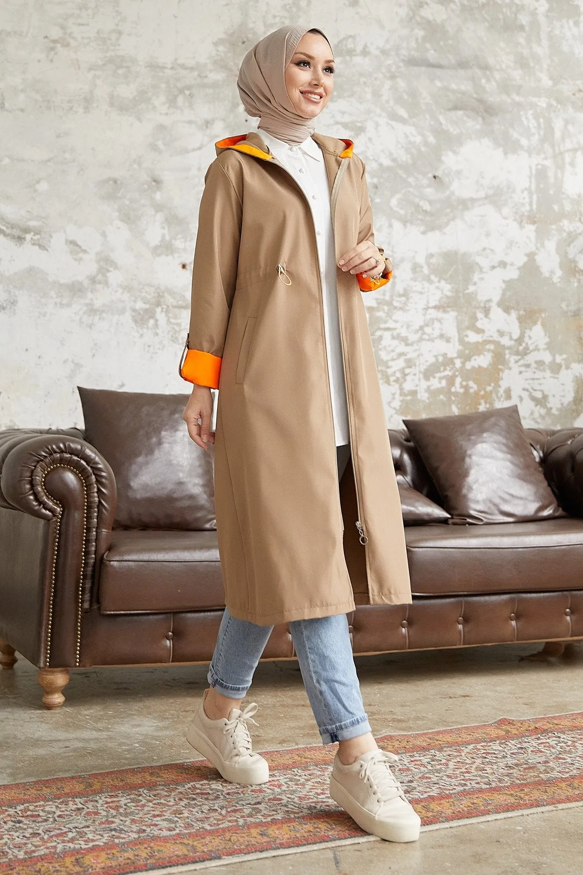 MDS Women Waist Ruffled Hooded Neon Trench Coat - Beige \ Orange - Tiraspol