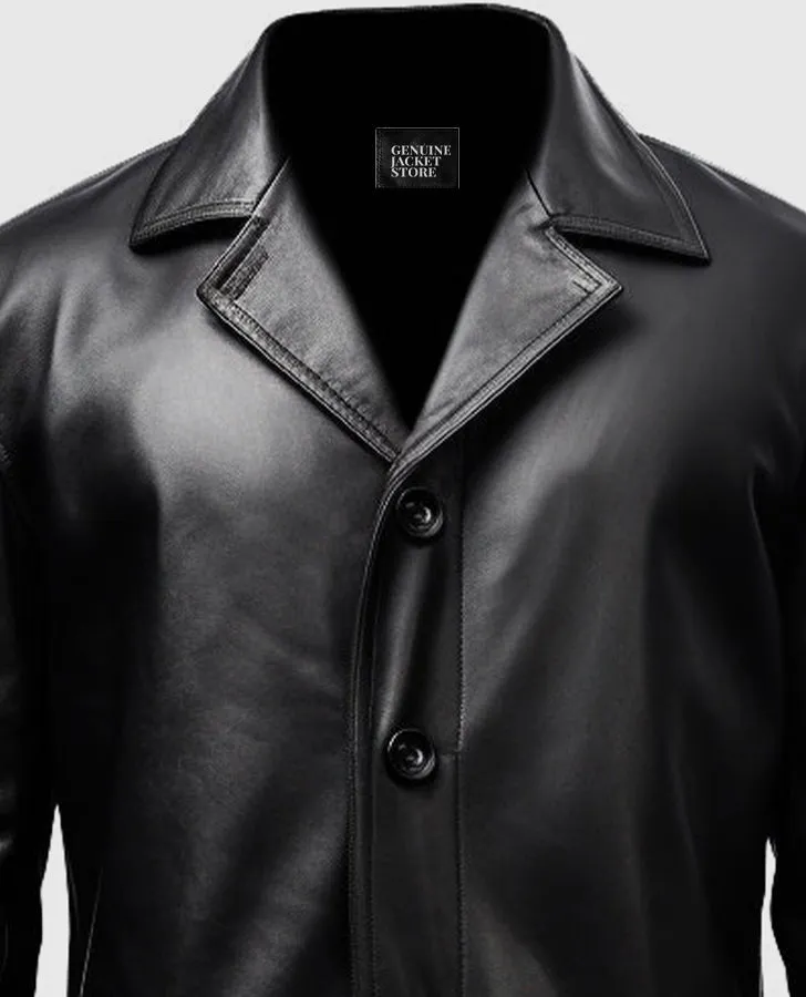 Men's Black Leather Car Style Coat