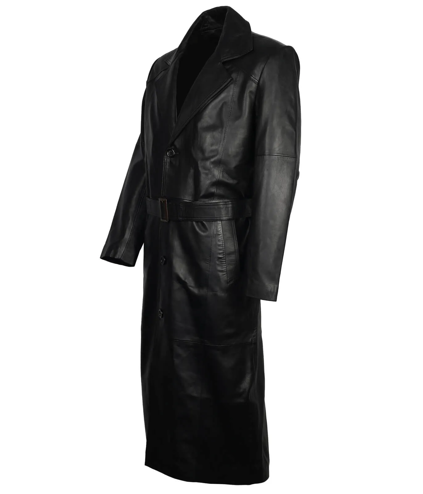 Men’s Black Sheepskin Leather Long Trench Coat with Belt
