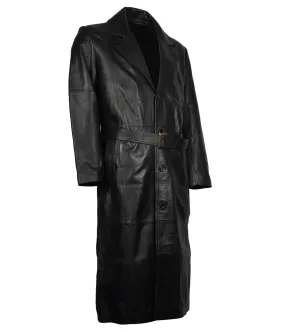 Men’s Black Sheepskin Leather Long Trench Coat with Belt