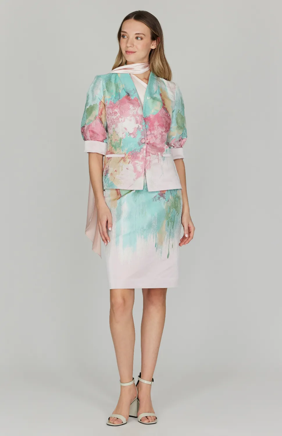 Painterly Garden Jacquard Narrow Skirt w/ Side Slit