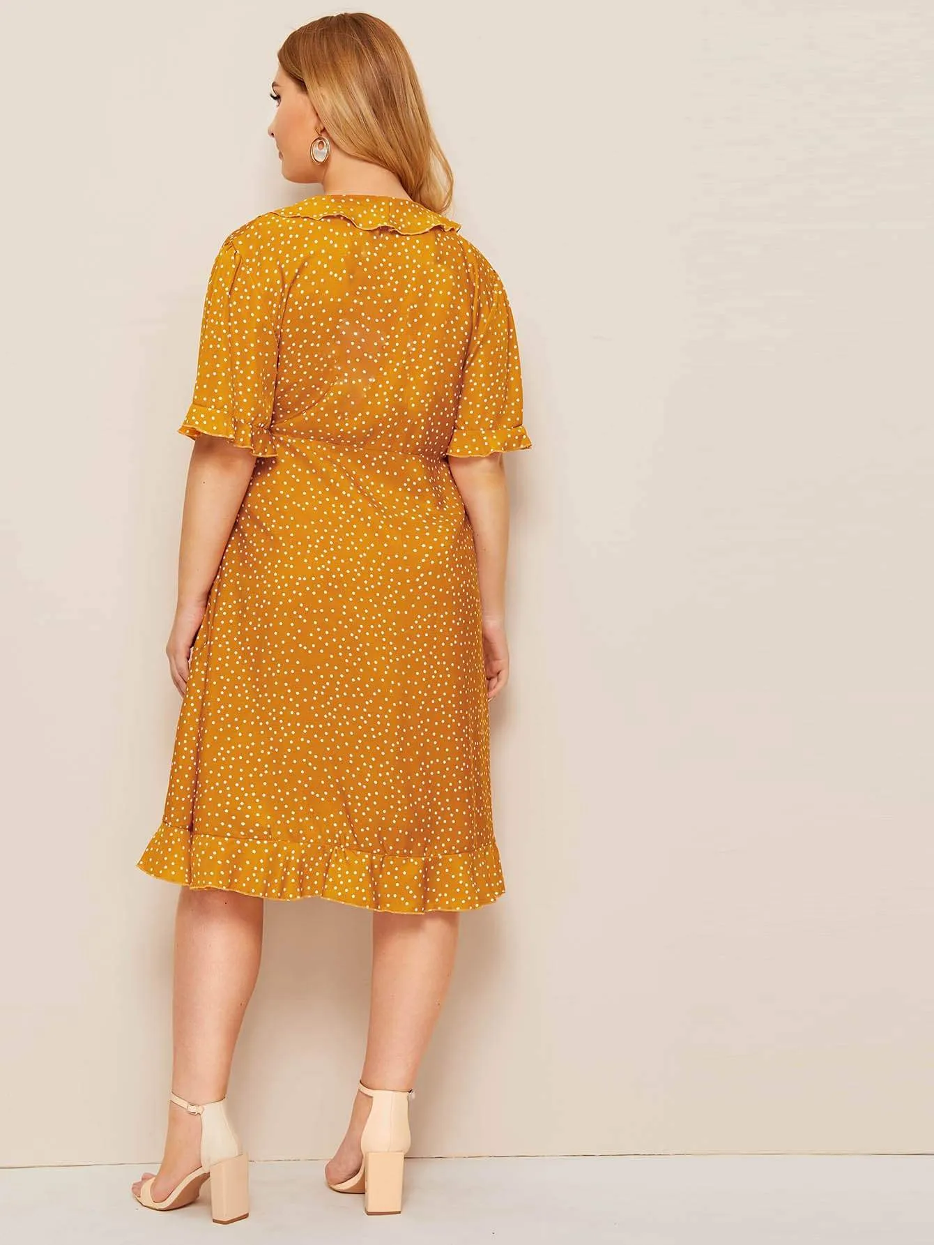 Plus Polka Dot Ruffle Trim Wrap Tie Side Dress