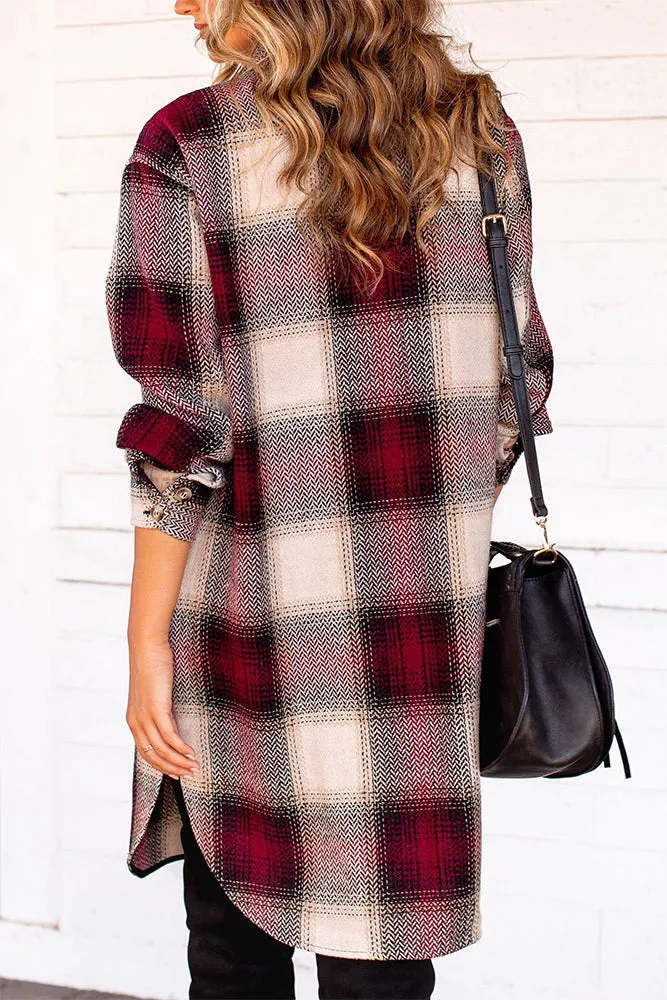 Pockets Open Button Long Length Plaid Shackets