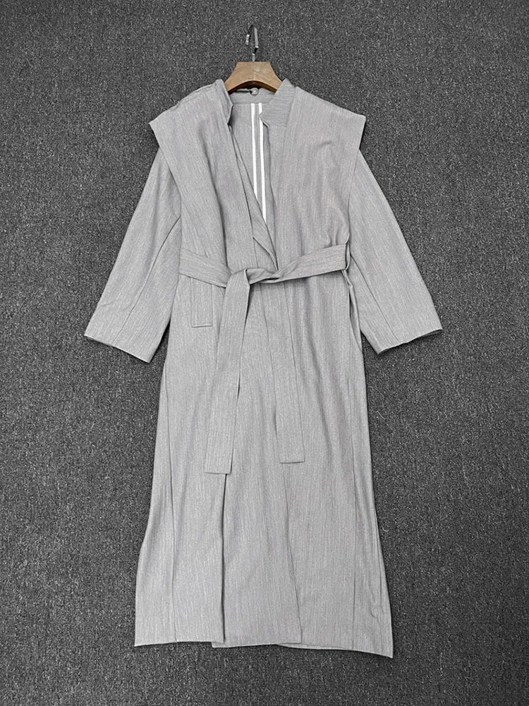 Solid Patchwork Long Sleeve Spliced Pocket Long Coat
