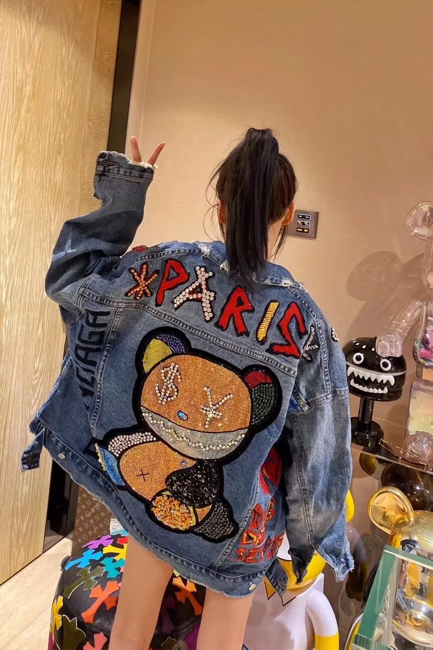 Spring and autumn women Jacket denim jacket new hot diamond heavy industry bear coat fashion coat
