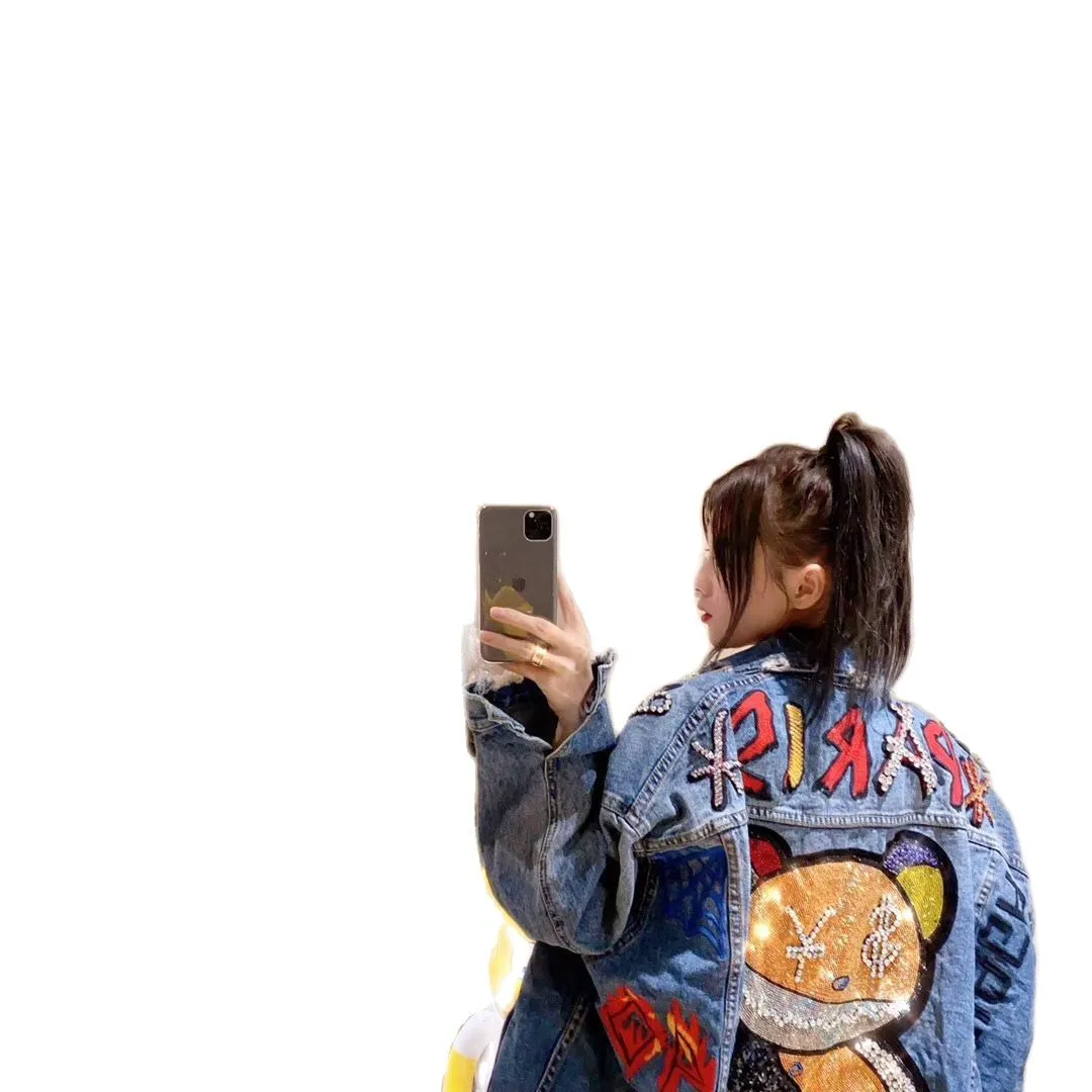 Spring and autumn women Jacket denim jacket new hot diamond heavy industry bear coat fashion coat