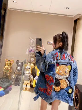 Spring and autumn women Jacket denim jacket new hot diamond heavy industry bear coat fashion coat