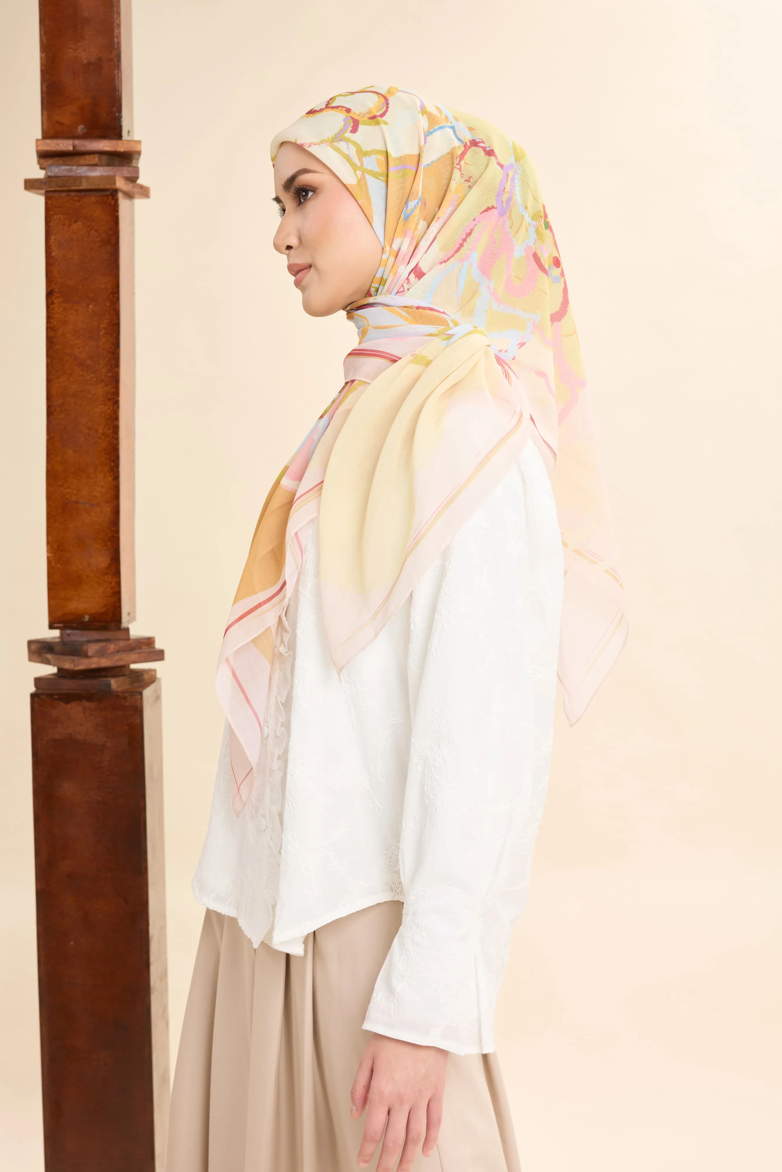 Thalia Lemon Yellow Abstract Square Voile Scarf