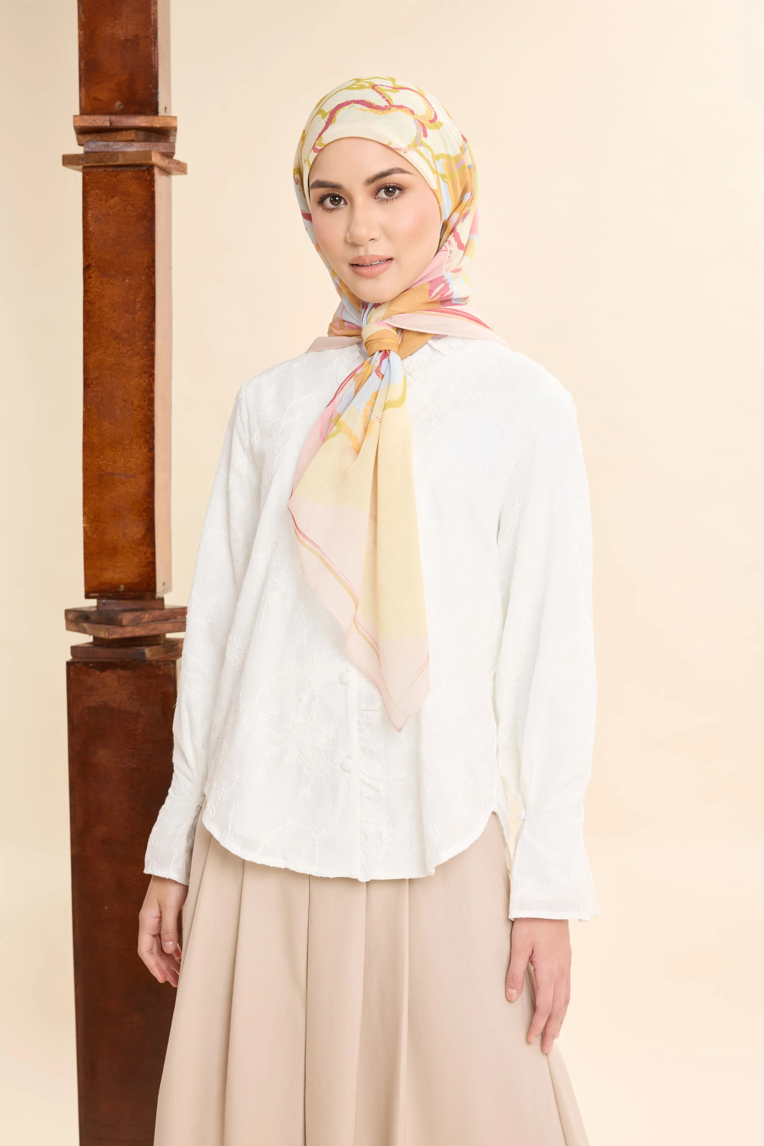 Thalia Lemon Yellow Abstract Square Voile Scarf
