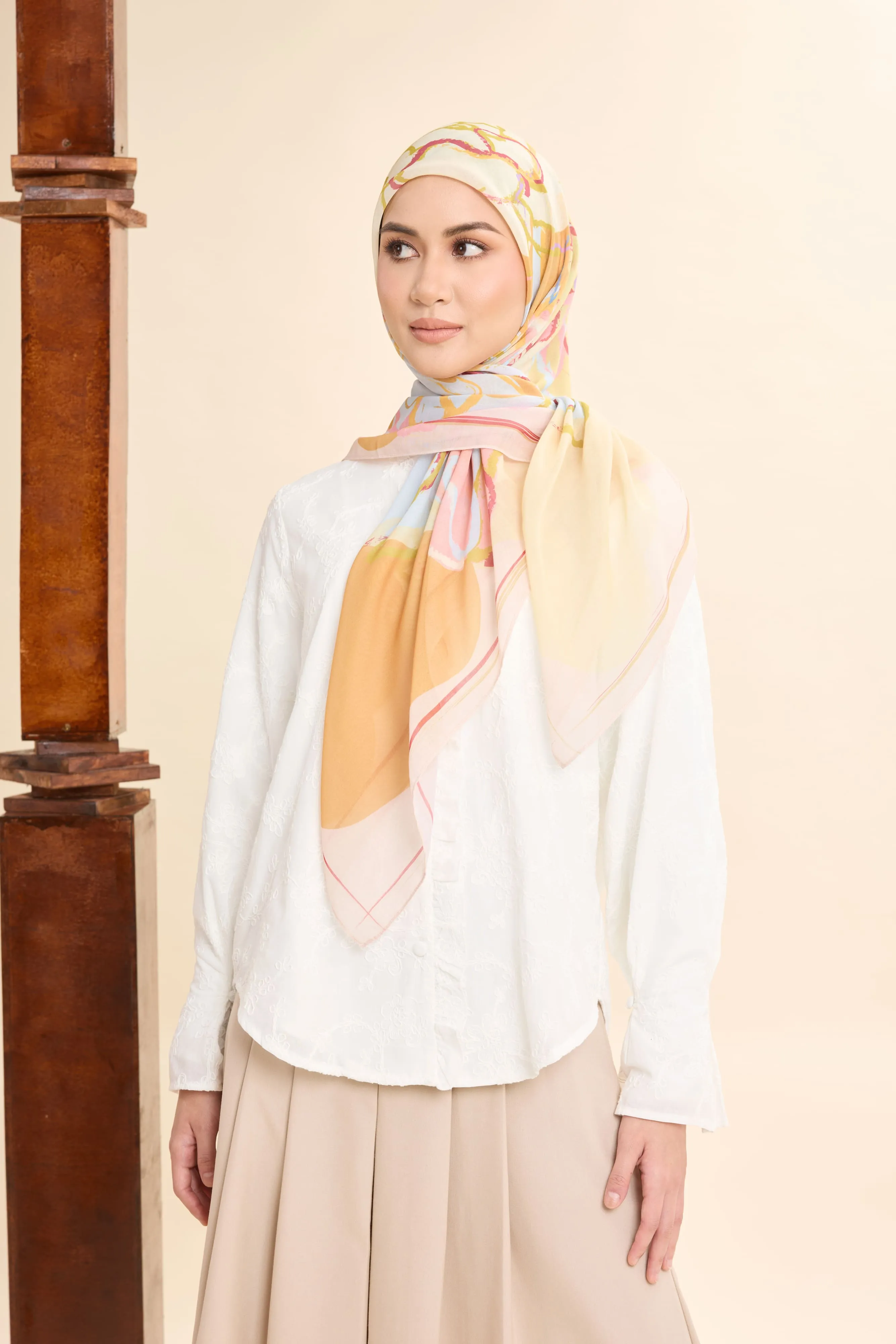 Thalia Lemon Yellow Abstract Square Voile Scarf