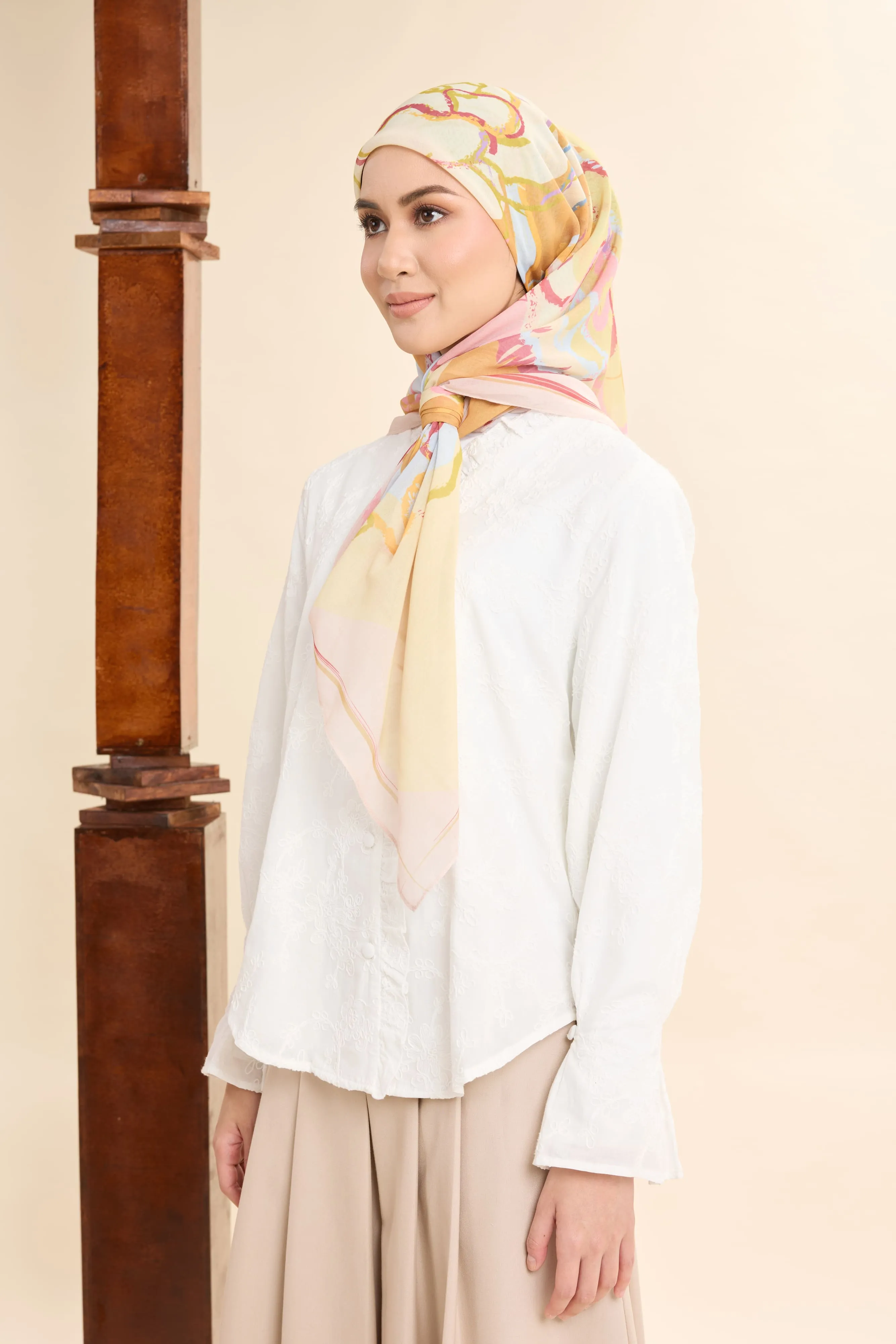 Thalia Lemon Yellow Abstract Square Voile Scarf