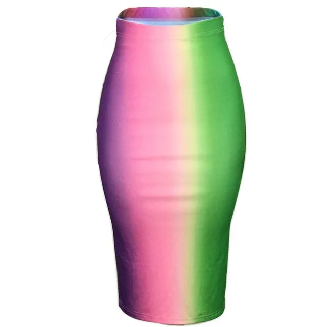 Tie Dye High Waist Stretch Midi Calf Length Skirt