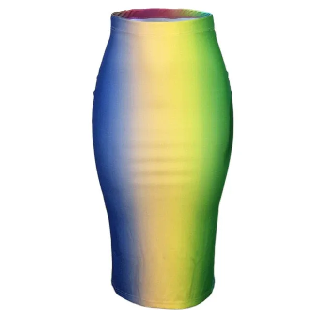 Tie Dye High Waist Stretch Midi Calf Length Skirt