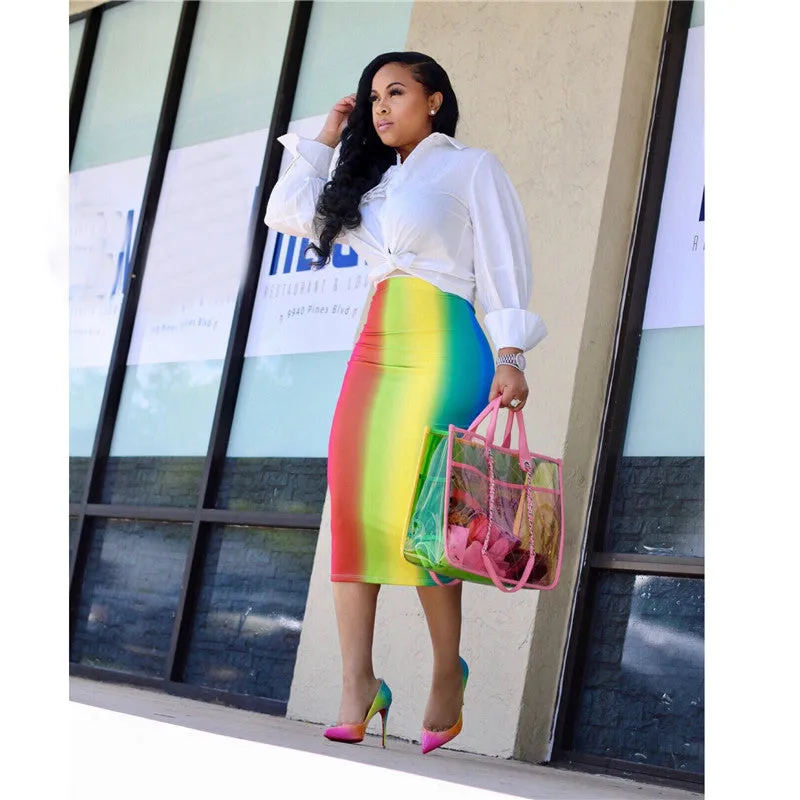 Tie Dye High Waist Stretch Midi Calf Length Skirt