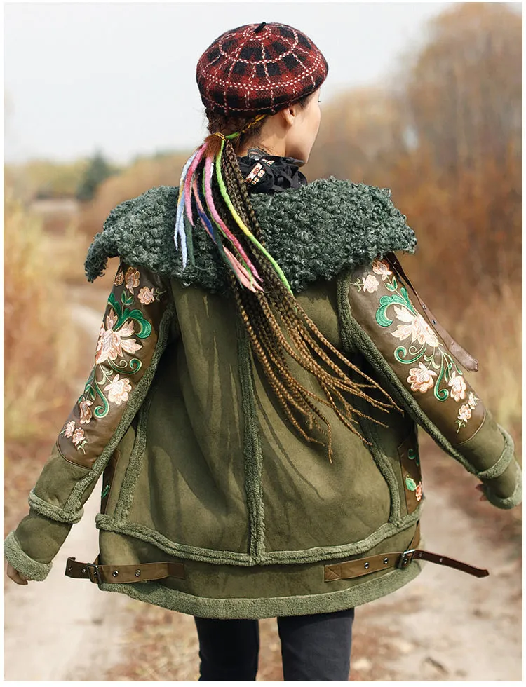Unique Embroidery Detailed Army Green Suede Jacket