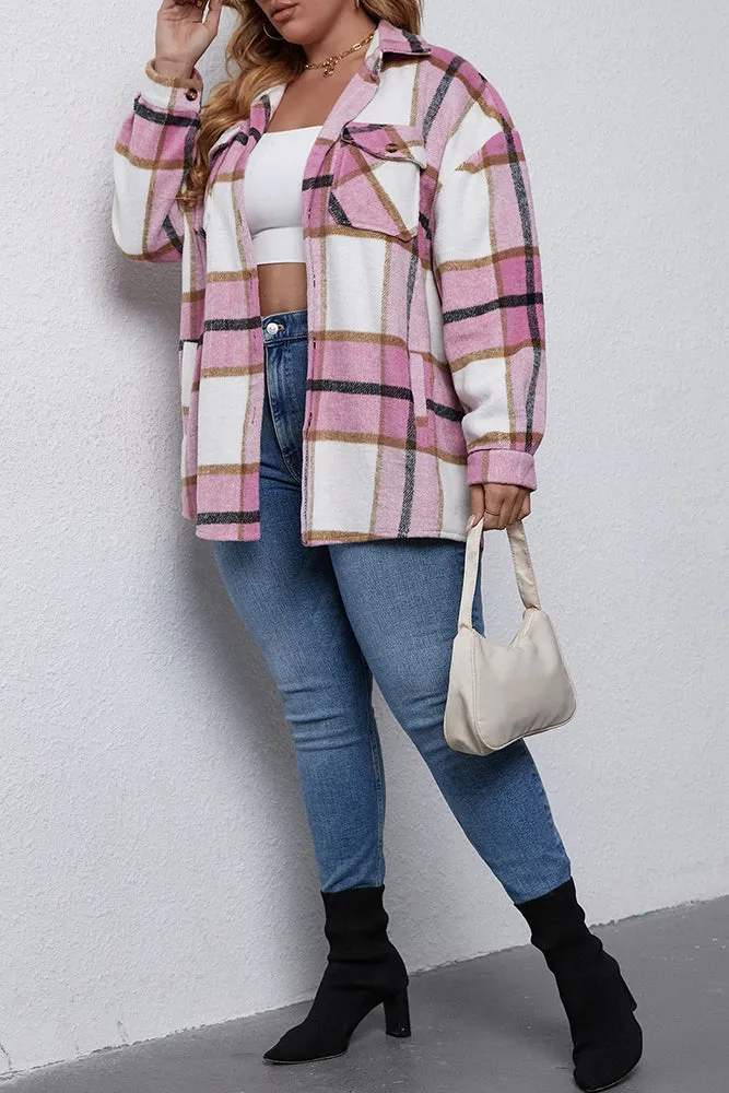 Winter Outfits Plus Size Pink Lapel Button Up Pocket Plaid Shacket