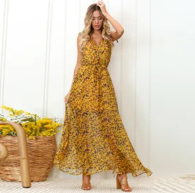 Women Print Maxi Dress Ladies Sexy Backless  Empire Dresses