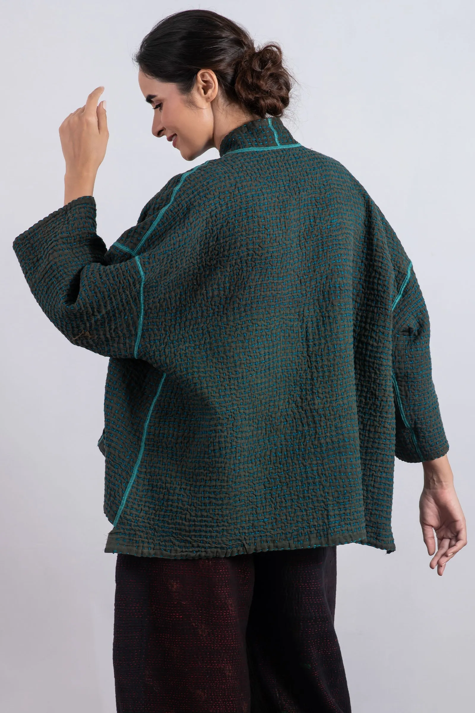 WOOL WAFFLE KANTHA MINI KIMONO JKT - ww3055-tel -
