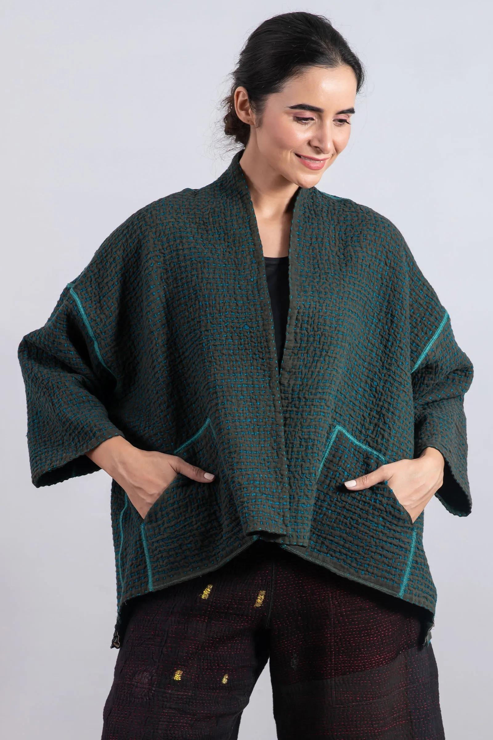 WOOL WAFFLE KANTHA MINI KIMONO JKT - ww3055-tel -